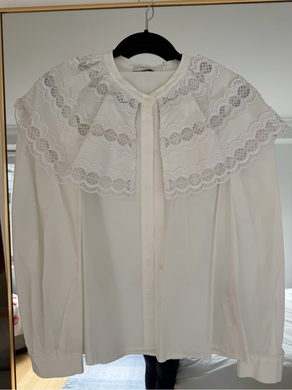 Sandro White Lace-Trim Button-Front Blouse